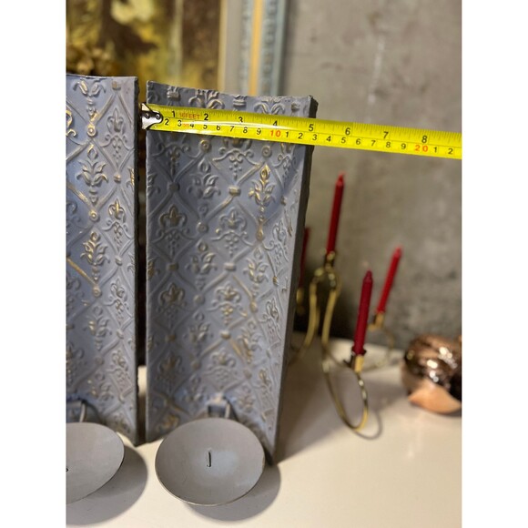 Pressed Metal Fleur de Lis Sconces Candlestick Holders Set of Two - Picture 5 of 5